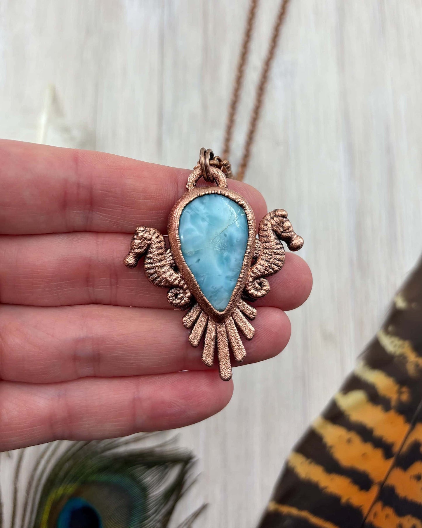 Larimar Seahorse Necklace- Copper Electroformed