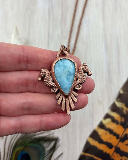 Larimar Seahorse Necklace- Copper Electroformed