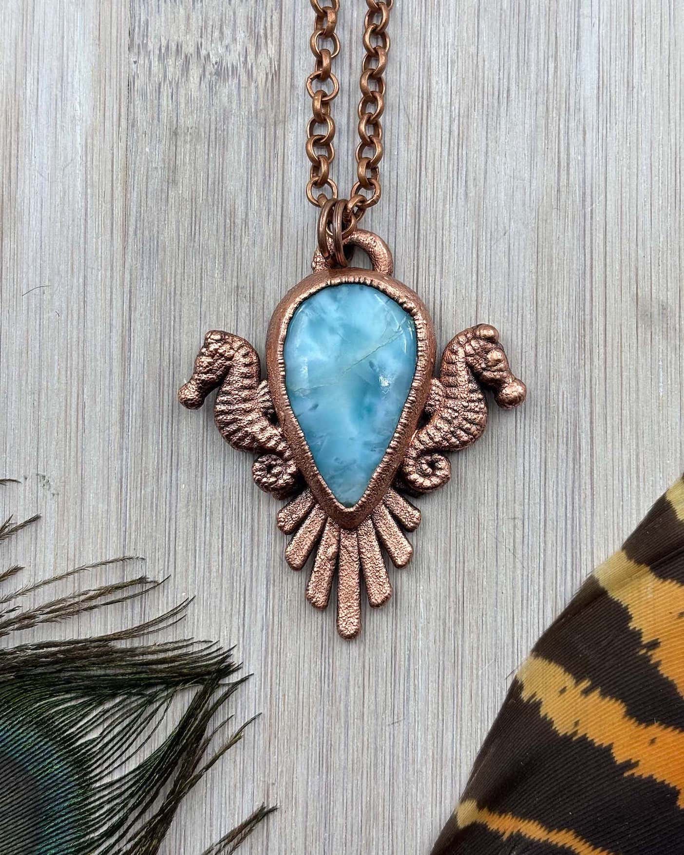 Larimar Seahorse Necklace- Copper Electroformed