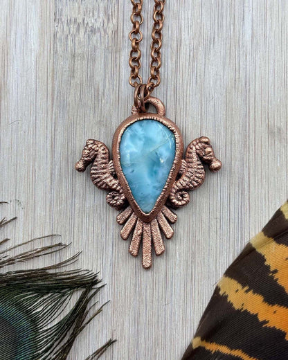 Larimar Seahorse Necklace- Copper Electroformed