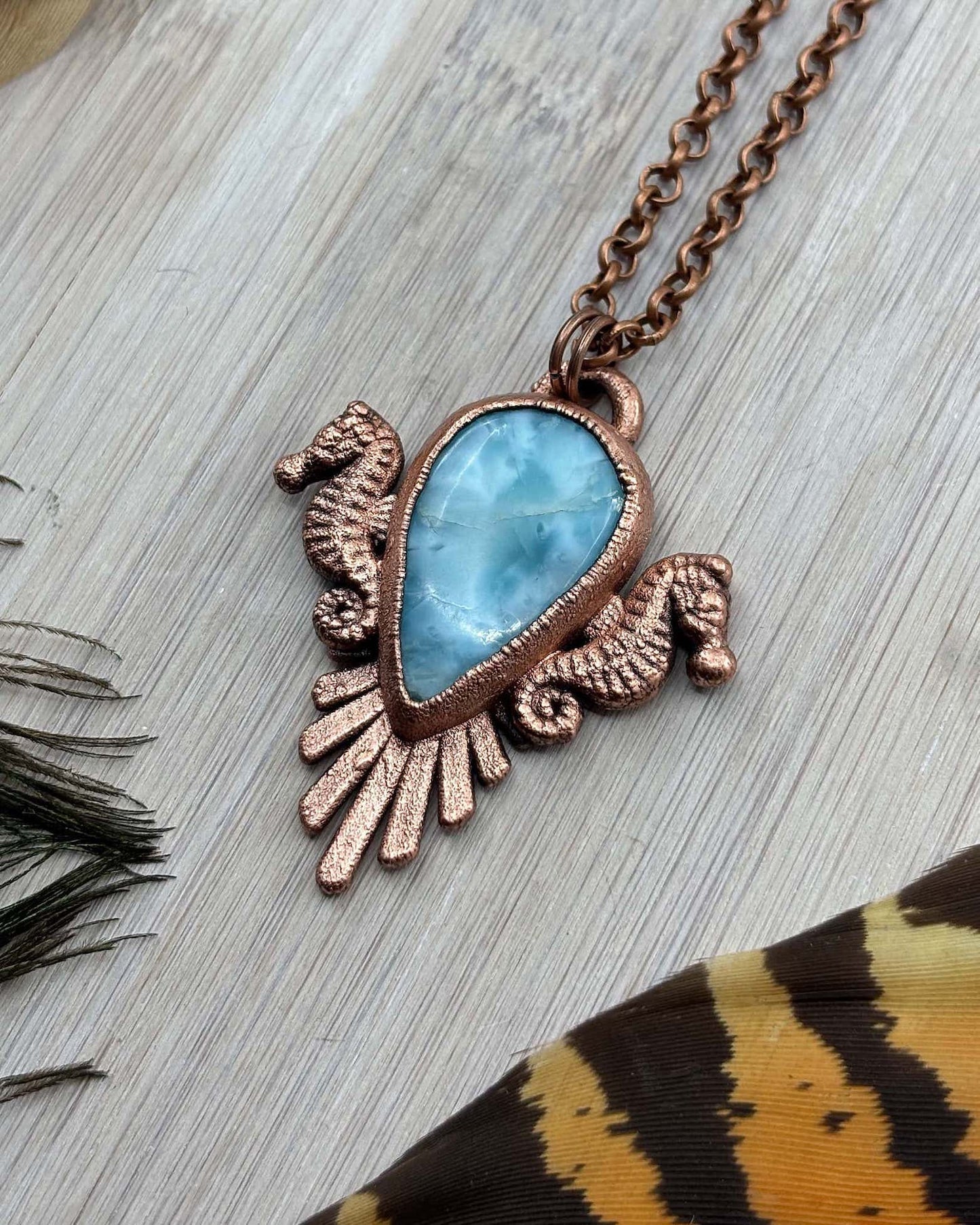 Larimar Seahorse Necklace- Copper Electroformed