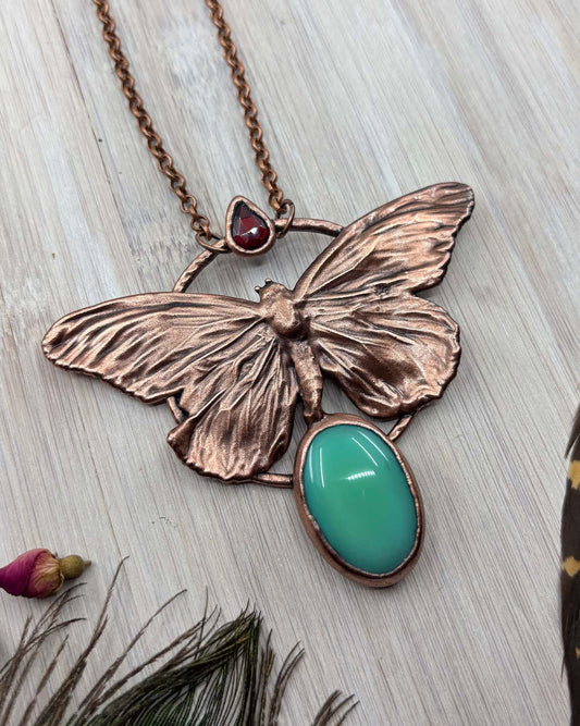 REAL Monarch Butterfly Necklace with Chrysoprase & Garnet - Electroformed