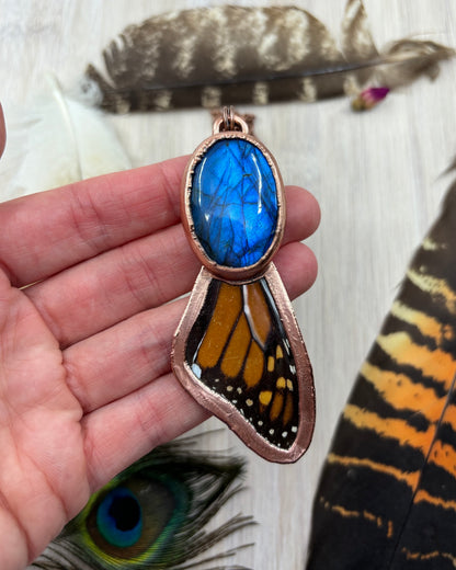 REAL Monarch Butterfly Wing Pendant with Blue Labradorite - Electroformed