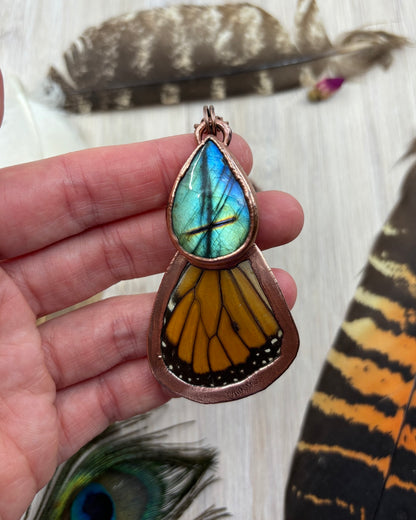 REAL Monarch Butterfly Wing Pendant with Teardrop Labradorite - Electroformed