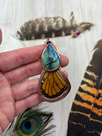 REAL Monarch Butterfly Wing Pendant with Teardrop Labradorite - Electroformed