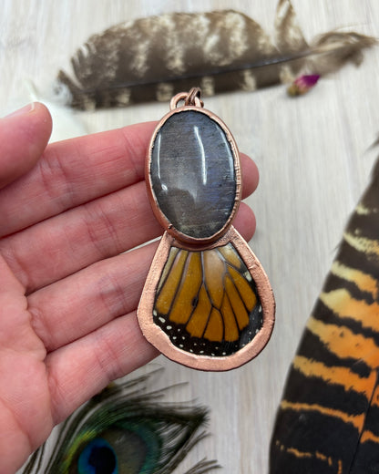 REAL Monarch Butterfly Wing Pendant with sunstone / Moonstone - Electroformed