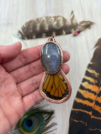 REAL Monarch Butterfly Wing Pendant with sunstone / Moonstone - Electroformed