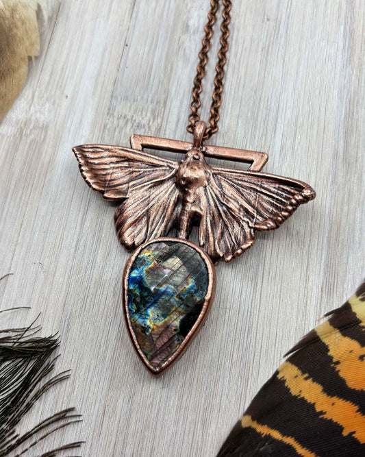 REAL House Moth Necklace with Faceted Labradorite - Electroformed