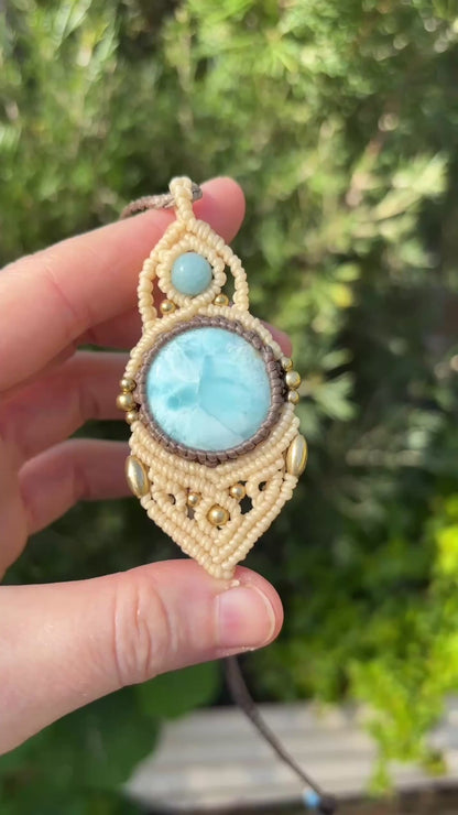 Round Larimar Macrame Amulet Pendant