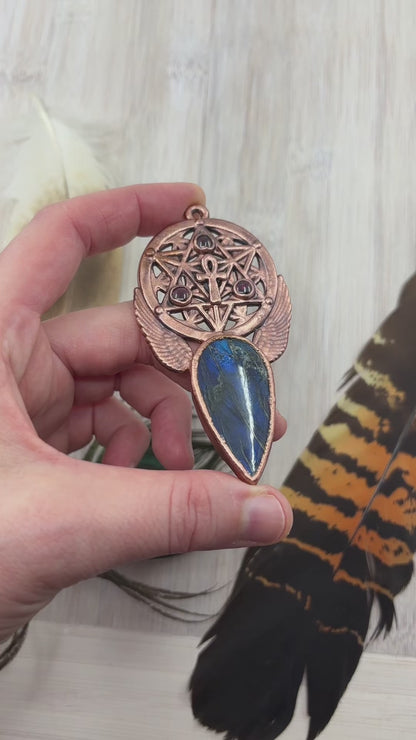 Blue Labradorite & Garnet Merkaba / Ankh Copper Pendant