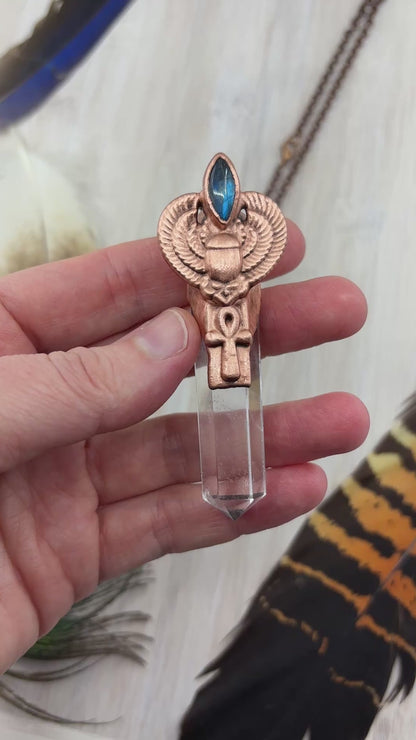 Egyptian Scarab / Ankh With Clear Quartz Point & Labradorite - Copper Electroformed