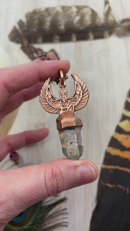 Egyptian Goddess Pendant & Clear Quartz Point with Inclusions - Copper Electroformed