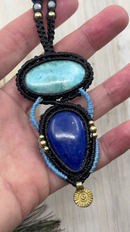 Lapis Lazuli and Larimar Macrame Amulet Pendant