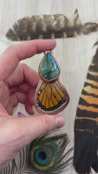 REAL Monarch Butterfly Wing Pendant with Teardrop Labradorite - Electroformed