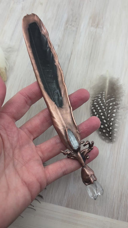 Crow Feather Clear Quartz Healing Wand- Copper Electroformed