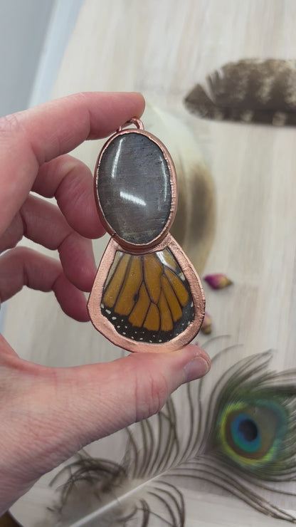 REAL Monarch Butterfly Wing Pendant with sunstone / Moonstone - Electroformed