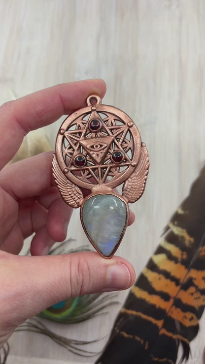 Rainbow Moonstone & Garnet Merkaba / Eye Copper Pendant