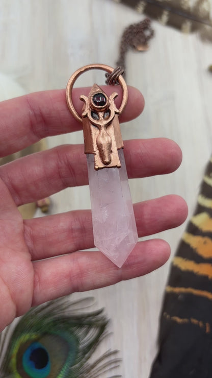 Triple Moon Goddess Pendant with Rose Quartz Point & Garnet - Copper Electroformed