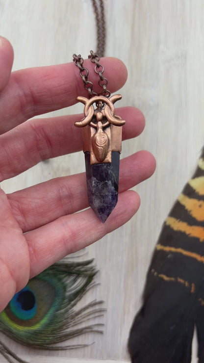 Triple Moon Goddess Pendant with Amethyst - Copper Electroformed