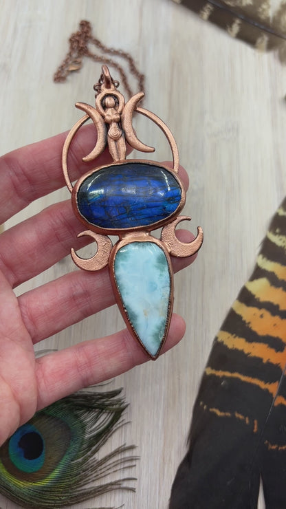 Triple Moon Goddess Pendant with Blue Labradorite & Larimar - Copper Electroformed