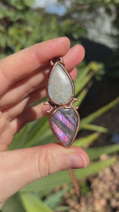 Purple Labradorite & African Moonstone / Sunstone - Crescent Moon Copper Necklace