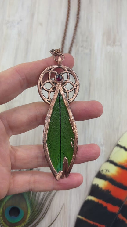 Seed Of Life with Garnet - Green Feather Copper Necklace
