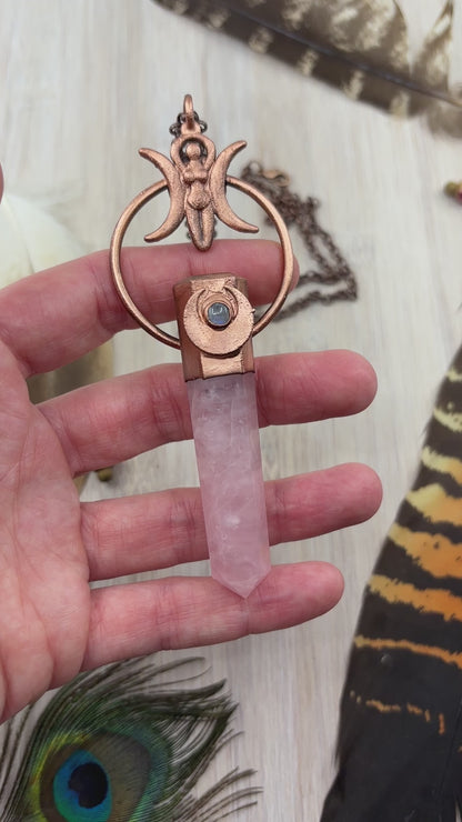 Triple Moon Goddess Pendant with Rose Quartz Point & Rainbow Moonstone - Copper Electroformed