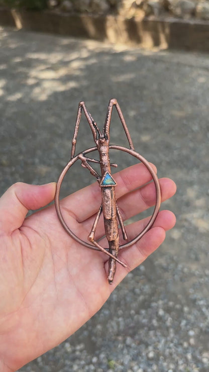 REAL Stick Insect Pendant With Triangle Labradorite - Copper Electroformed