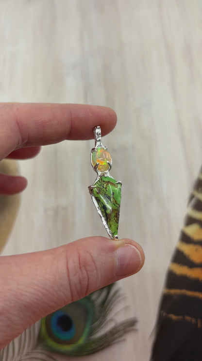 Ethiopian Opal & Yungai Green Turquoise Sterling Silver Pendant