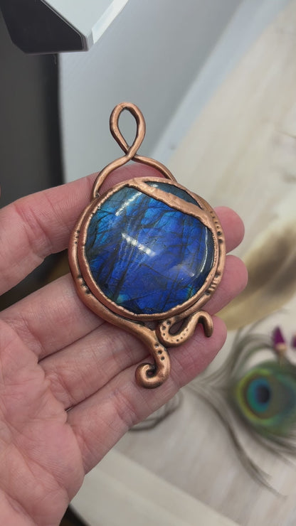 Blue Labradorite Swirly Pendant - Copper Electroformed