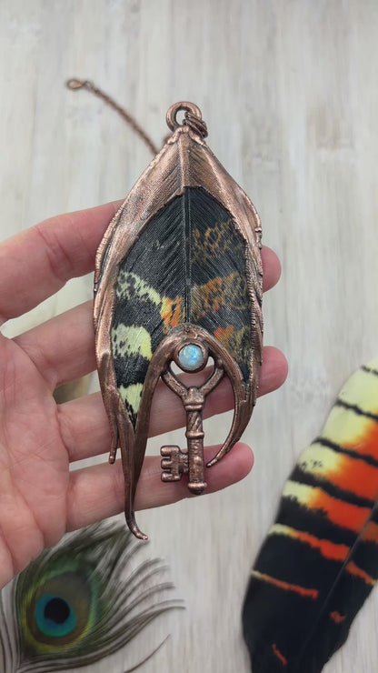 Rainbow Moonstone Black Cockatoo Feather Copper Necklace
