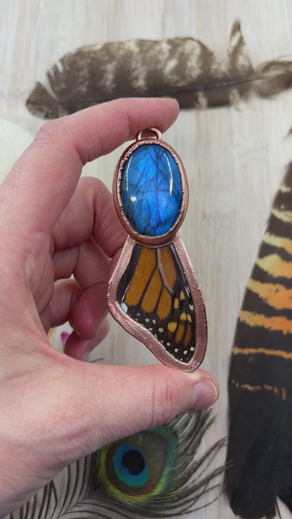 REAL Monarch Butterfly Wing Pendant with Blue Labradorite - Electroformed