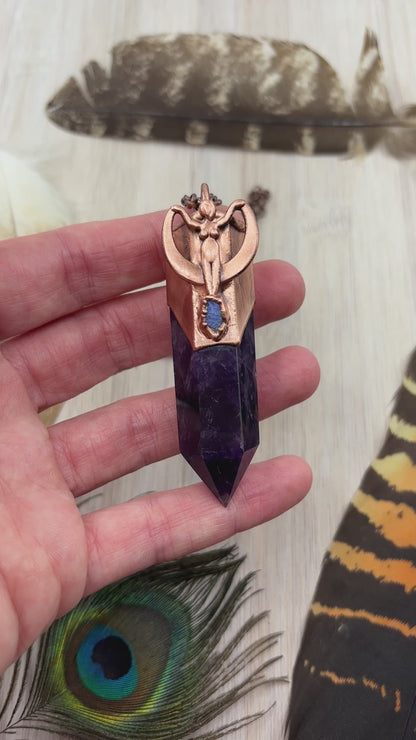 Moon Goddess Pendant with Amethyst Point & Rough Opal - Copper Electroformed