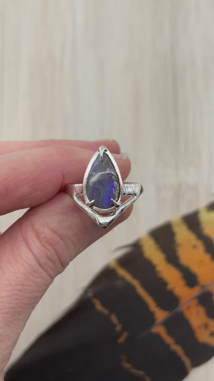 Pear Boulder Opal Sterling Silver Wishbone Ring - size 7 US