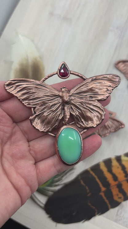 REAL Monarch Butterfly Necklace with Chrysoprase & Garnet - Electroformed