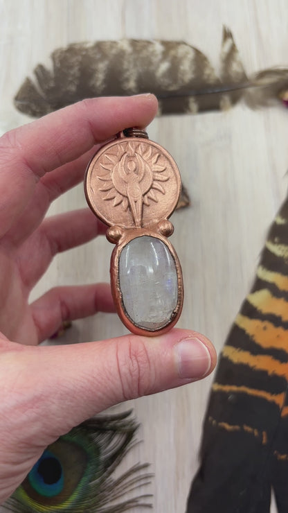 Sun Goddess Pendant with Rainbow Moonstone (No Flash) - Copper Electroformed