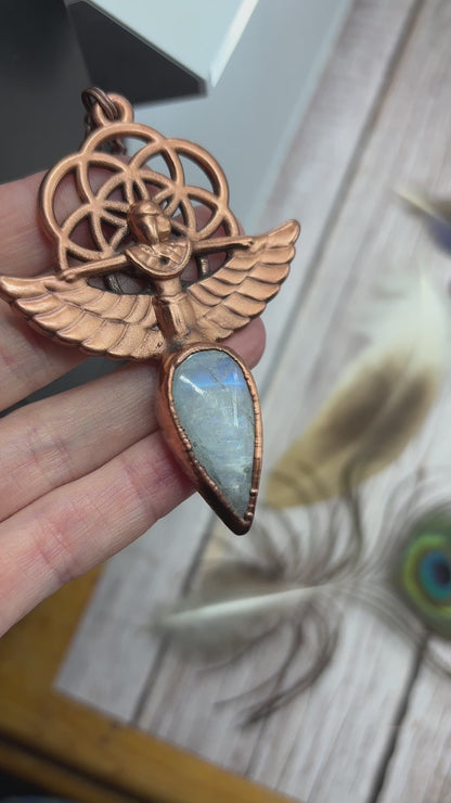 Egyptian Goddess Necklace with Seed Of Life & Rainbow Moonstone - Electroformed