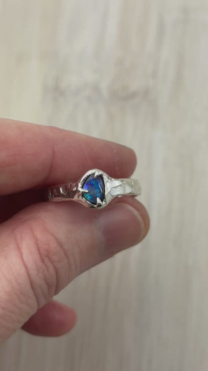 Boulder Opal Sterling Silver Textured Ring - size  7.75 US