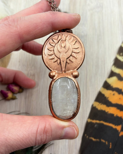 Sun Goddess Pendant with Rainbow Moonstone (No Flash) - Copper Electroformed