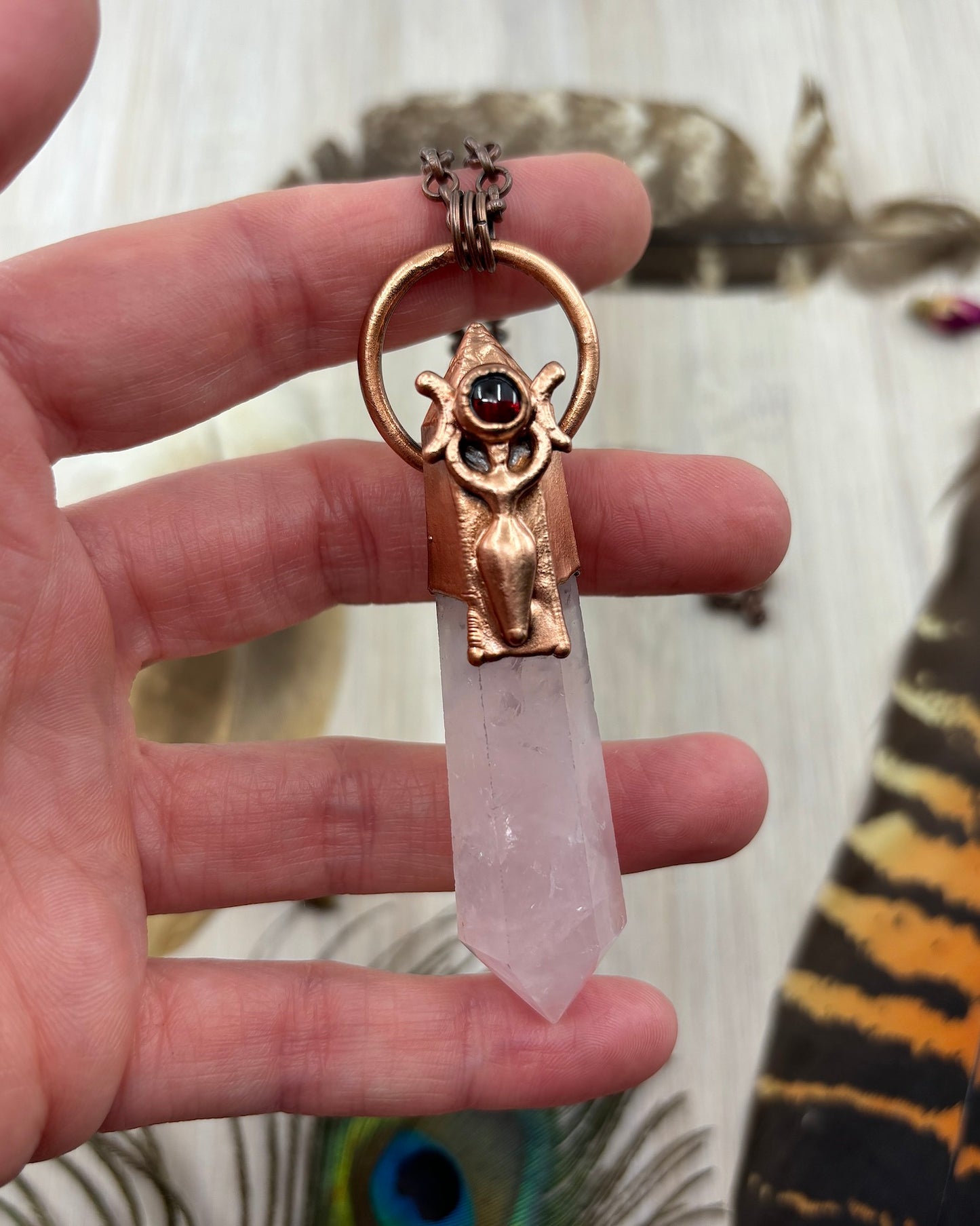 Triple Moon Goddess Pendant with Rose Quartz Point & Garnet - Copper Electroformed