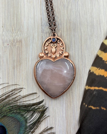 Triple Moon Goddess Pendant with Love Heart Rose Quartz & Labradorite - Copper Electroformed