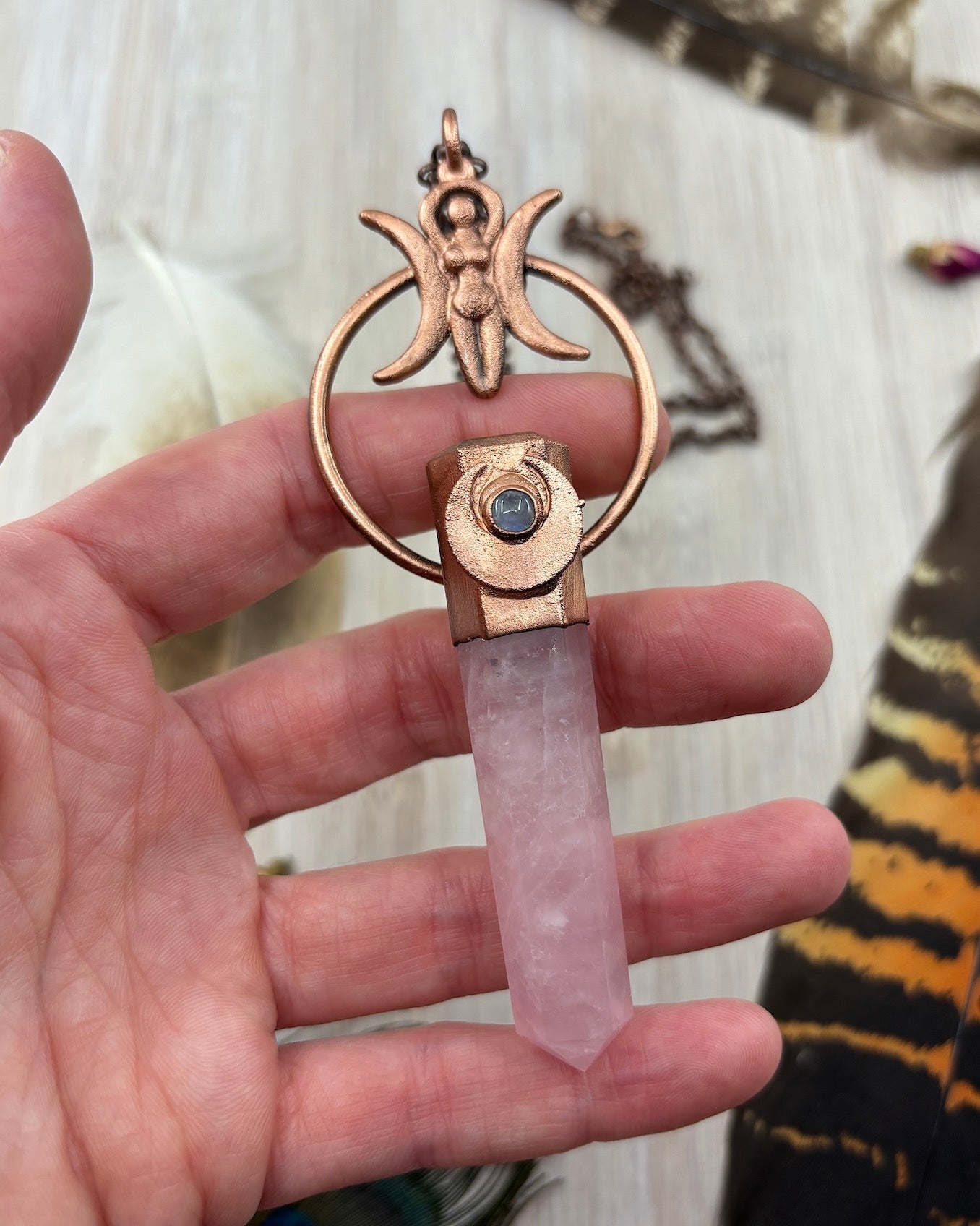 Triple Moon Goddess Pendant with Rose Quartz Point & Rainbow Moonstone - Copper Electroformed