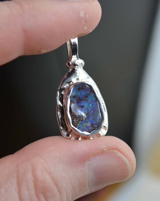 Boulder Opal Sterling Silver Textured Pendant