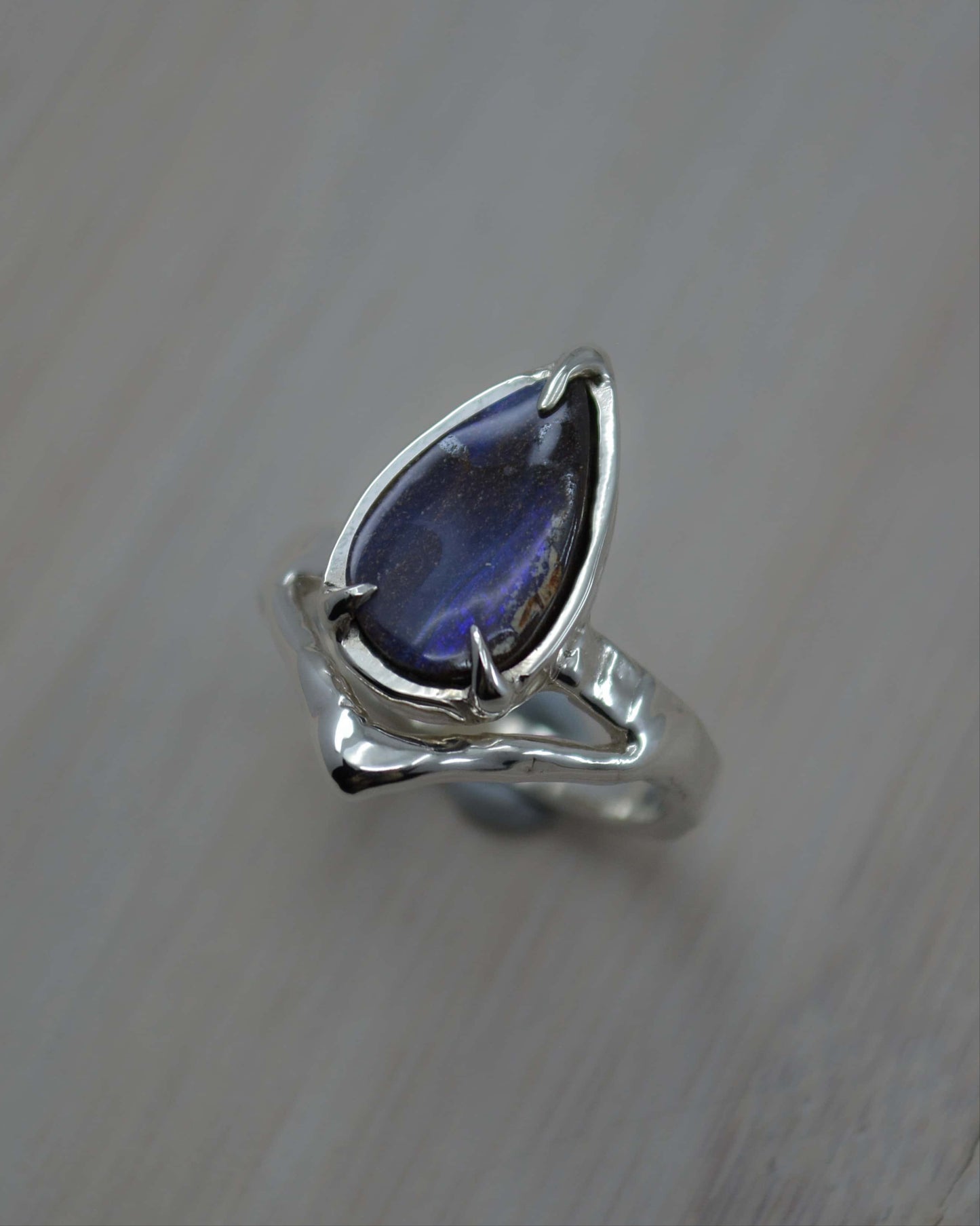 Pear Boulder Opal Sterling Silver Wishbone Ring - size 7 US