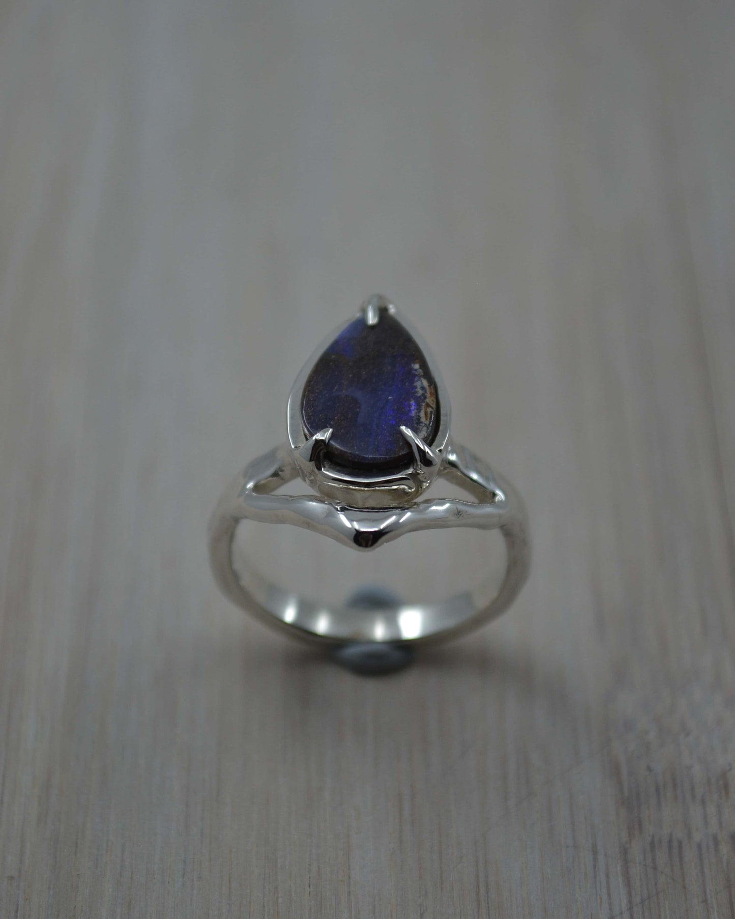 Pear Boulder Opal Sterling Silver Wishbone Ring - size 7 US