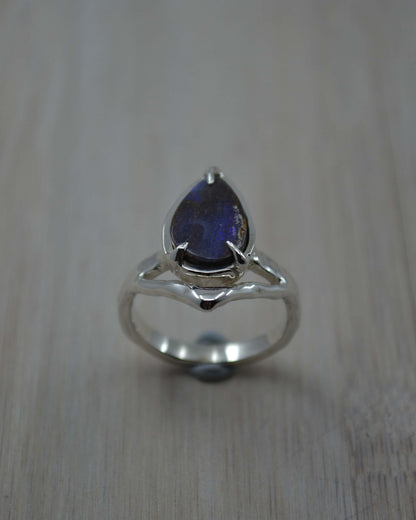 Pear Boulder Opal Sterling Silver Wishbone Ring - size 7 US