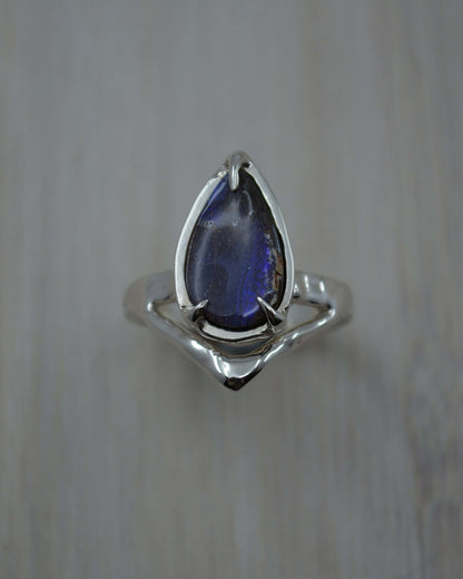 Pear Boulder Opal Sterling Silver Wishbone Ring - size 7 US