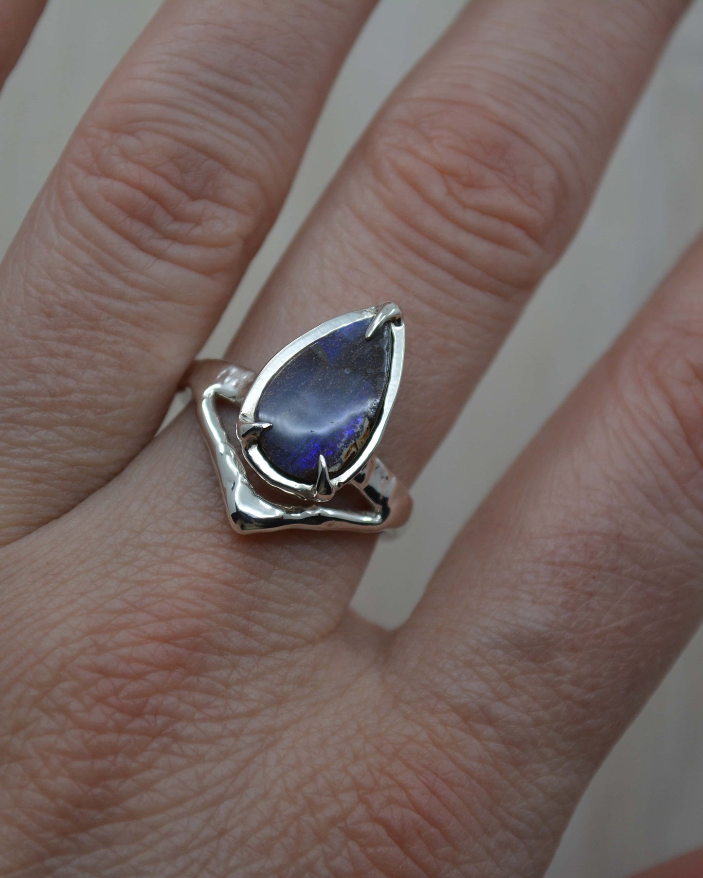 Pear Boulder Opal Sterling Silver Wishbone Ring - size 7 US
