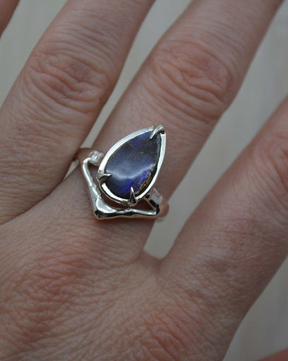 Pear Boulder Opal Sterling Silver Wishbone Ring - size 7 US