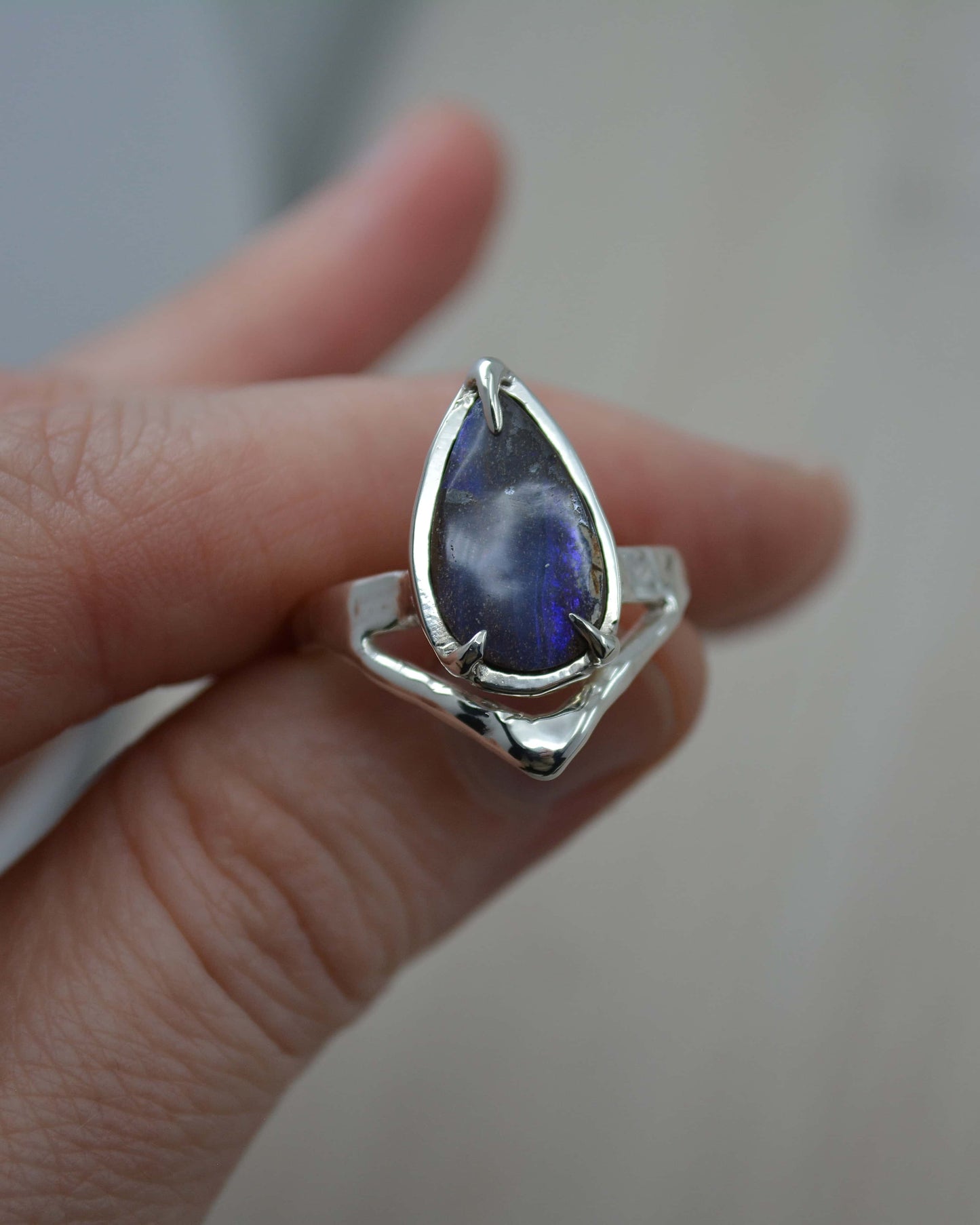 Pear Boulder Opal Sterling Silver Wishbone Ring - size 7 US